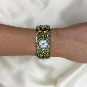 Vintage L’Orologio Green Rhinestone Fairycore Watch – Floral Bangle Bracelet